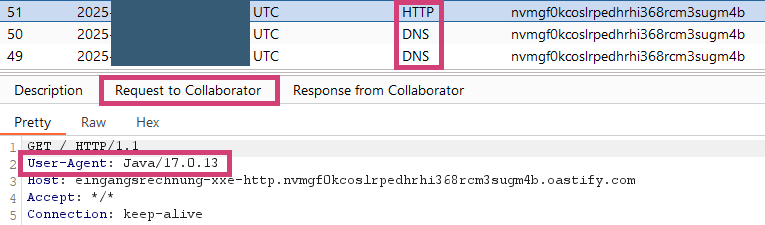 Interaction with Burp Collaborator after exploiting the vulnerability Interaction with Burp Collaborator after exploiting the vulnerability